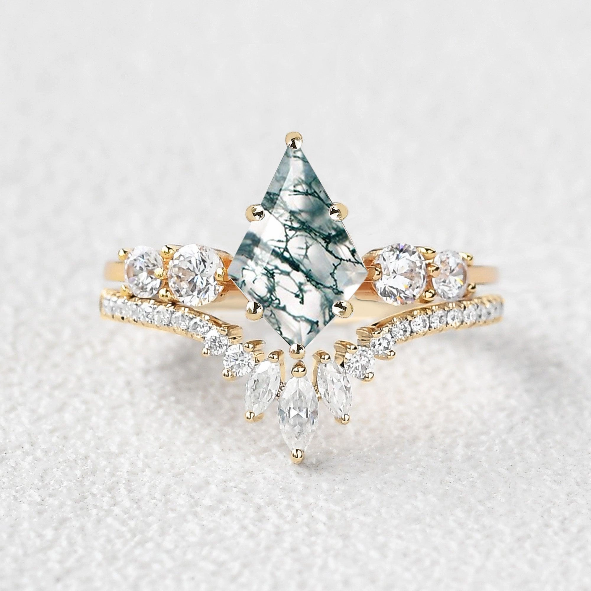 Round Staccato Kite Cut Moss Agate Engagement Ring Set 2pcs Vibrant Jewelry Craftwork Daywear Style