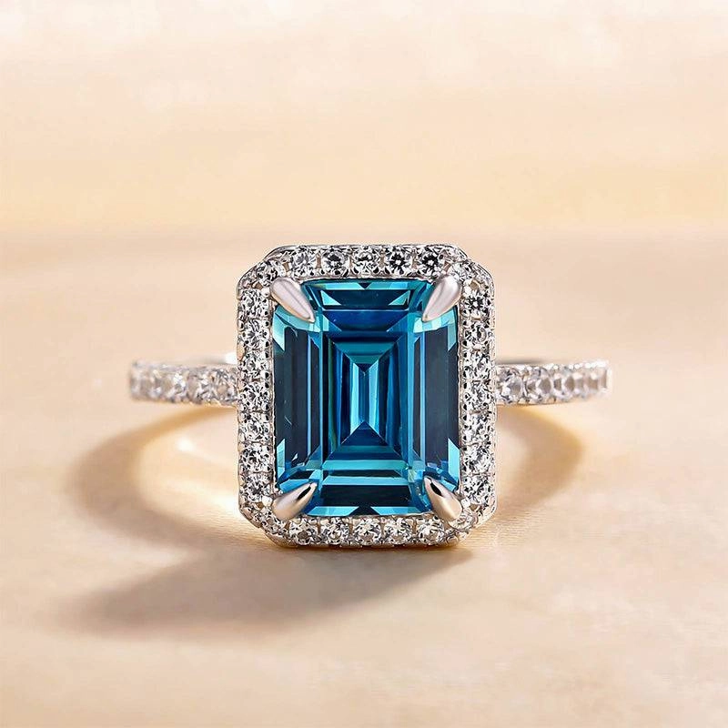 Louily Halo Emerald Cut Light Aquamarine Blue Engagement Ring In Sterling Silver Silky feel Layered Glow