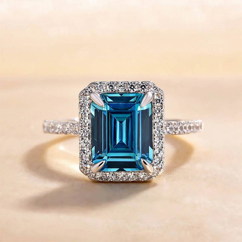 Louily Halo Emerald Cut Light Aquamarine Blue Engagement Ring In Sterling Silver Effortless Piece Fine finishing