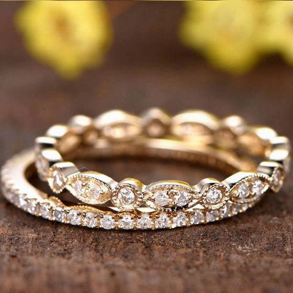 Luxurious Piece Gloss Edge Louily Yellow Gold Full Eternity Art Deco Stackable Wedding Band Set