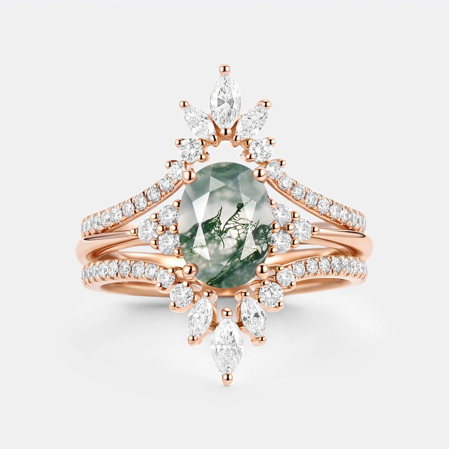 Dazzling Piece Timeless Presence Oval Cut Moss Agate Classic Cluster Gold Ring Set 3pcs - Chroma