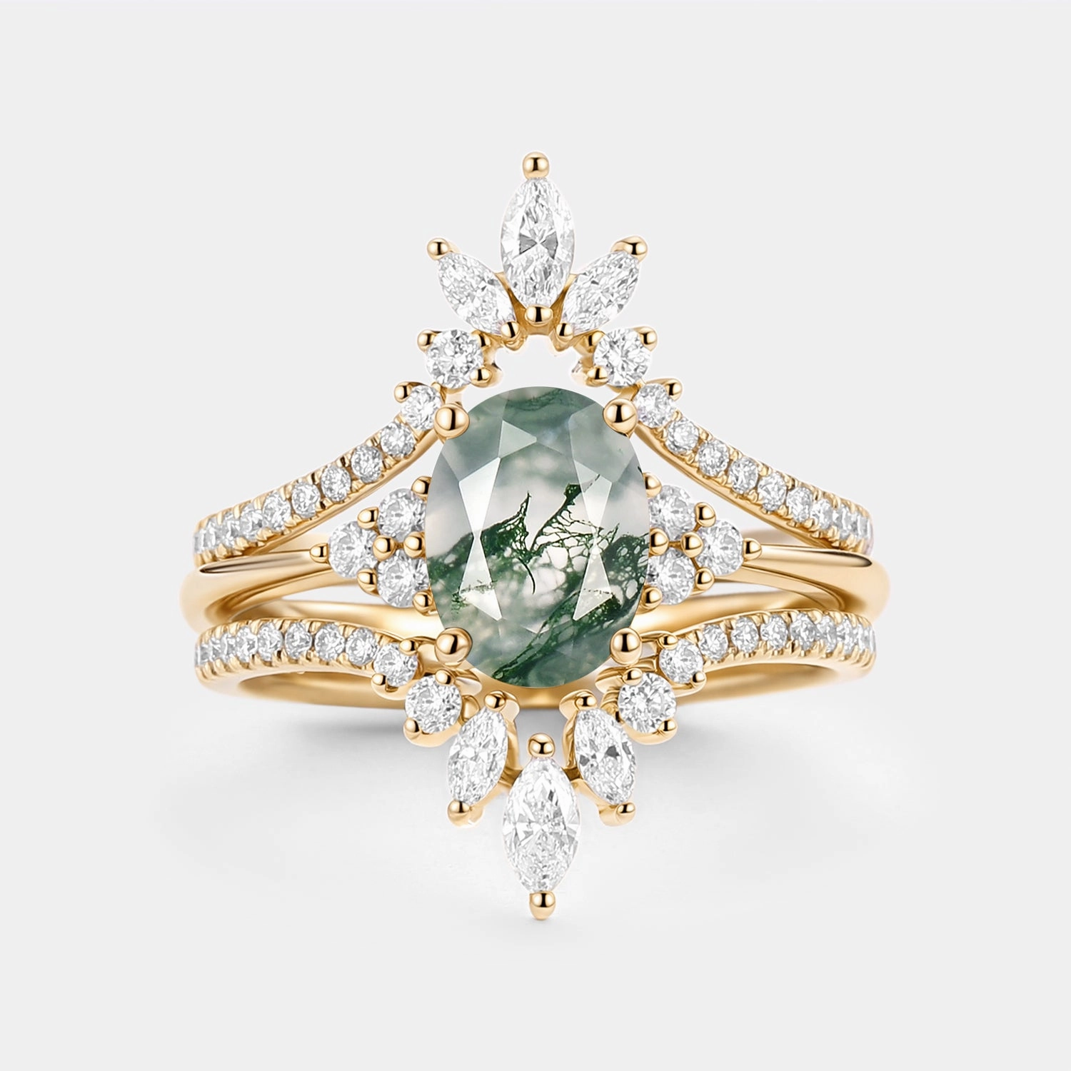 Glow Ready Oval Cut Moss Agate Classic Cluster Gold Ring Set 3pcs - Chroma