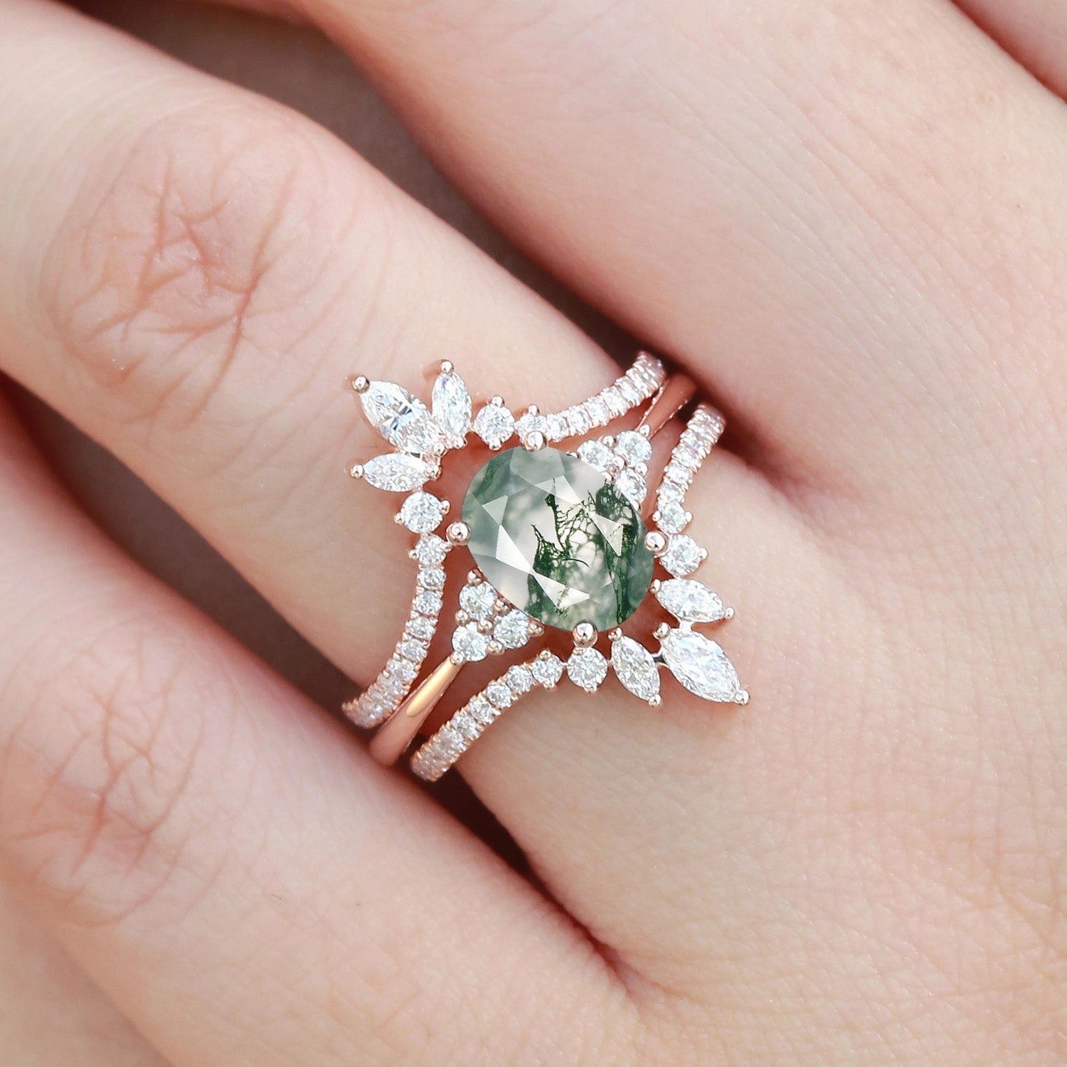 Oval Cut Moss Agate Classic Cluster Gold Ring Set 3pcs - Chroma Statement Look