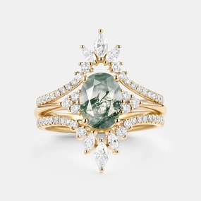 Glow Ready Oval Cut Moss Agate Classic Cluster Gold Ring Set 3pcs - Chroma