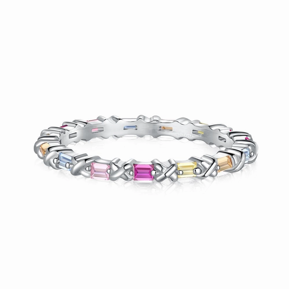 Casual Glow Sparkling Touch Sterling Silver Multicolor Baguette Eternity Ring