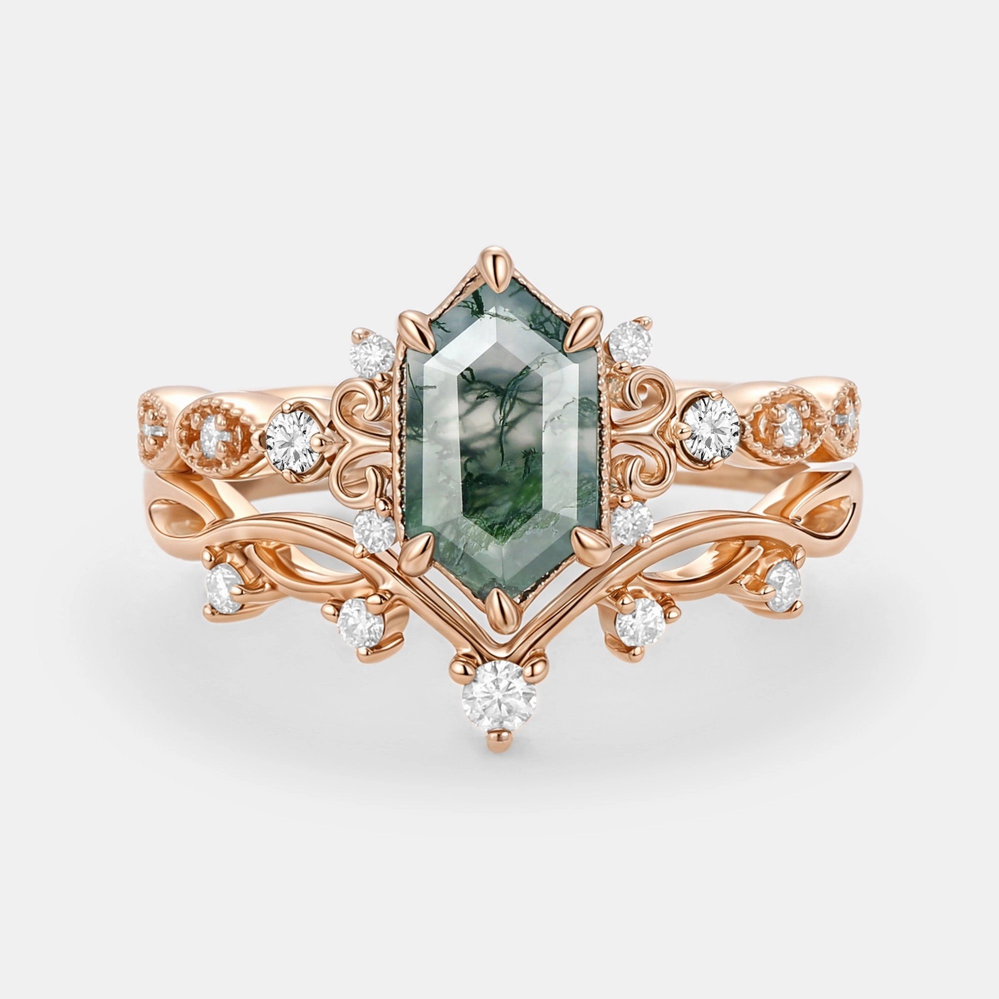 Charming Style Glam Lookbook Long Hexagon Moss Agate Engagement Ring Set 2pcs - Beryl