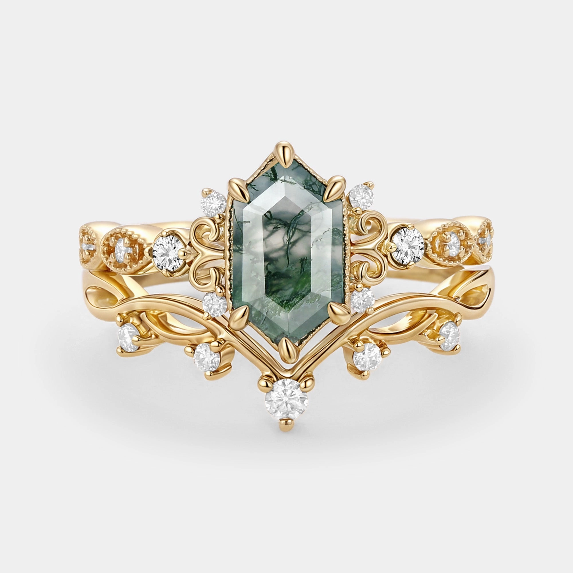 Long Hexagon Moss Agate Engagement Ring Set 2pcs - Beryl Gentle Spark