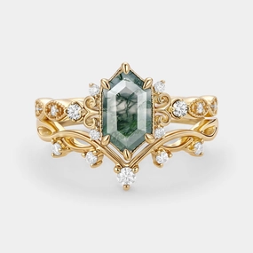 Everyday Sparkle Long Hexagon Moss Agate Engagement Ring Set 2pcs - Beryl