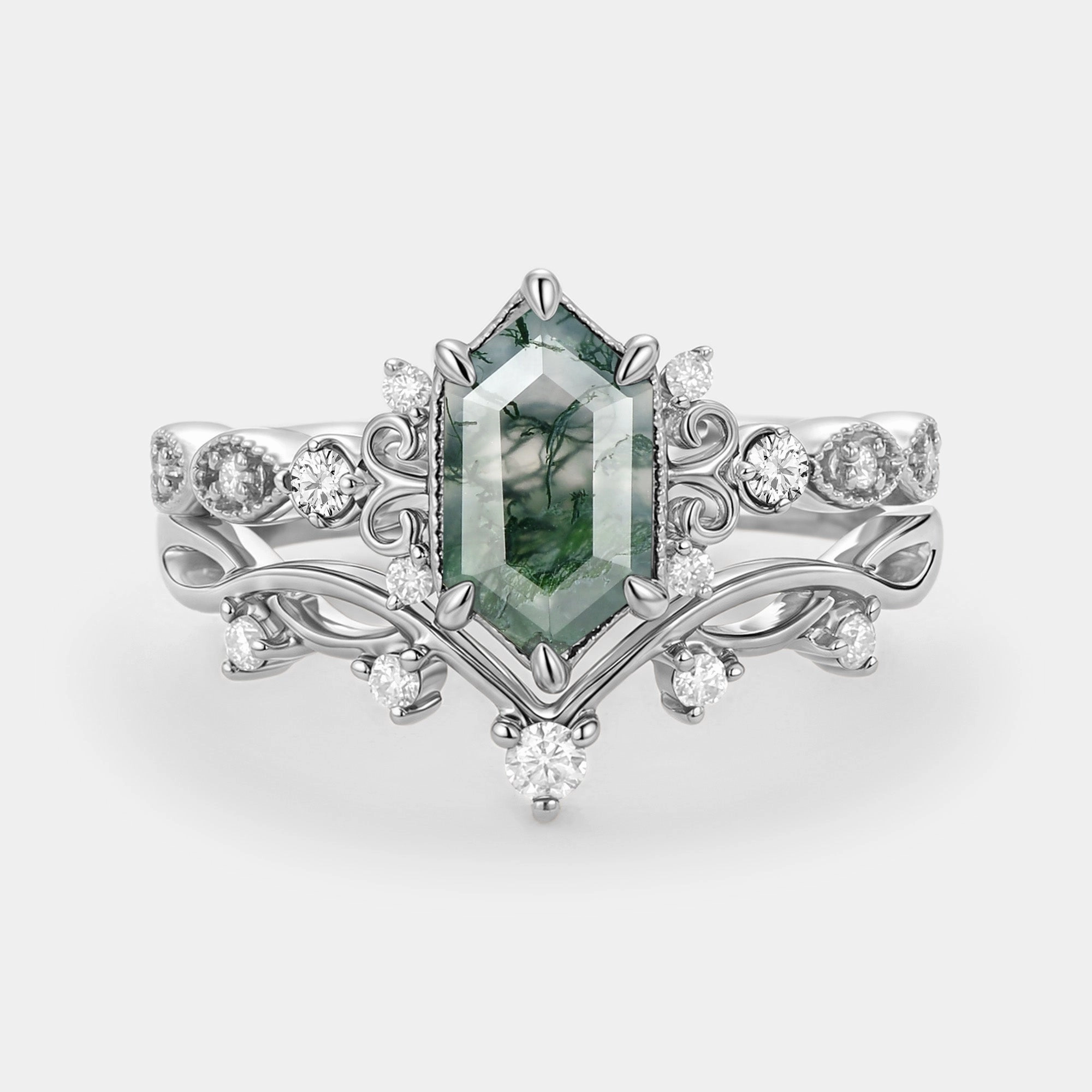 Long Hexagon Moss Agate Engagement Ring Set 2pcs - Beryl Polished Sparkle