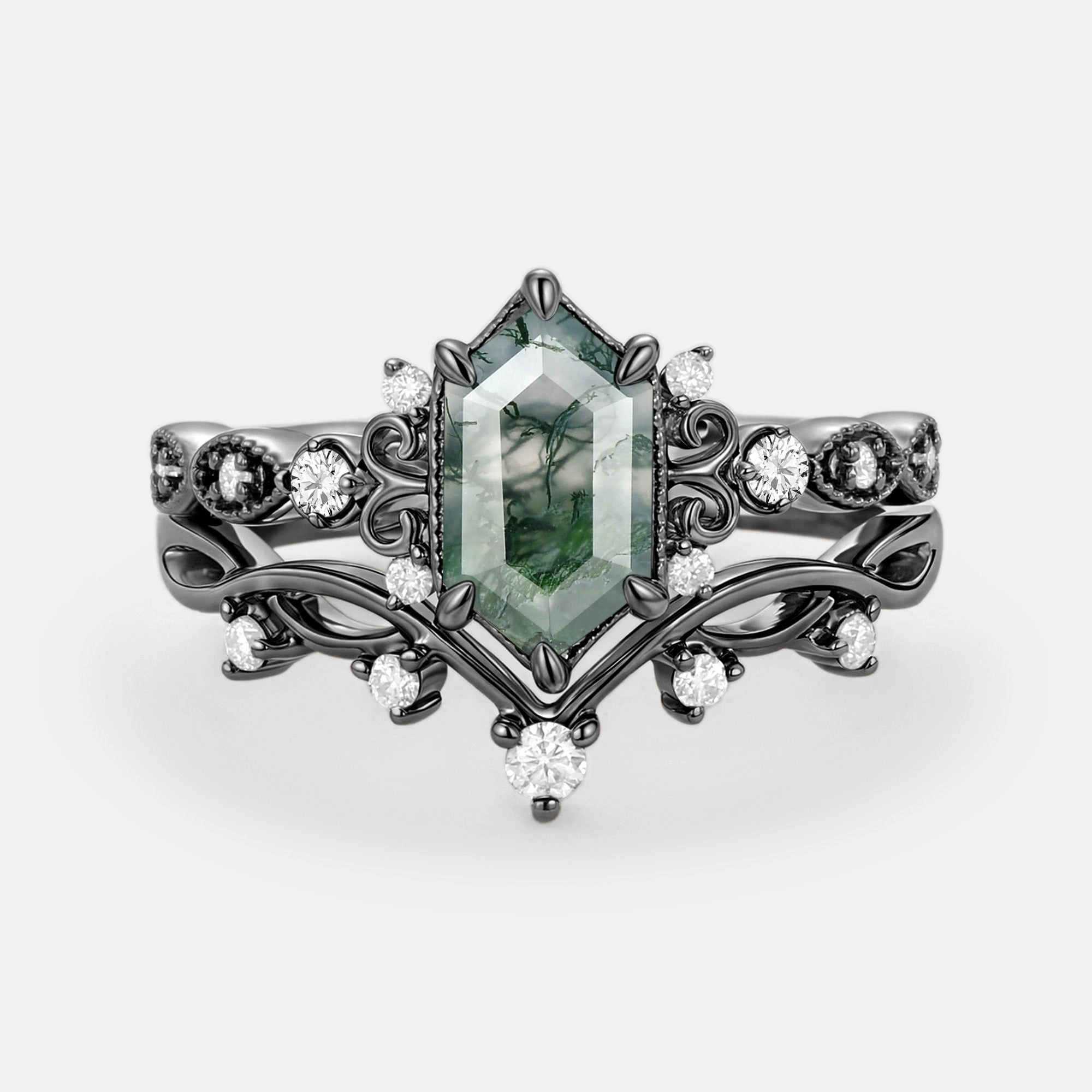 Trendy Form Long Hexagon Moss Agate Engagement Ring Set 2pcs - Beryl