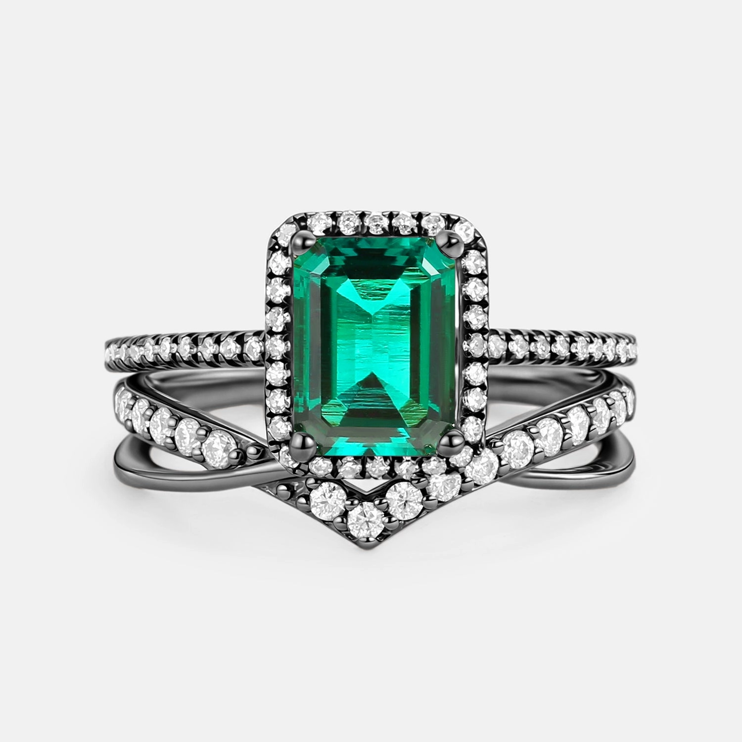 Layered Elegance Emerald Cut Emerald & Moissanite Yellow Gold Ring Set