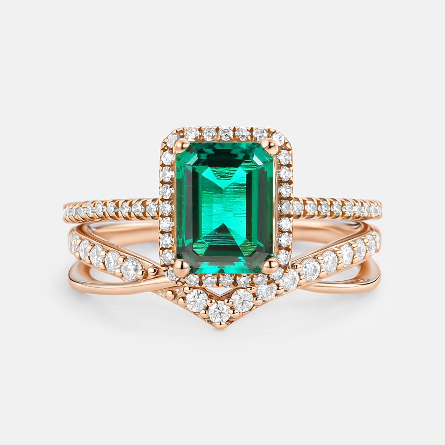 Bridal Vibe Natural Shine Emerald Cut Emerald & Moissanite Yellow Gold Ring Set