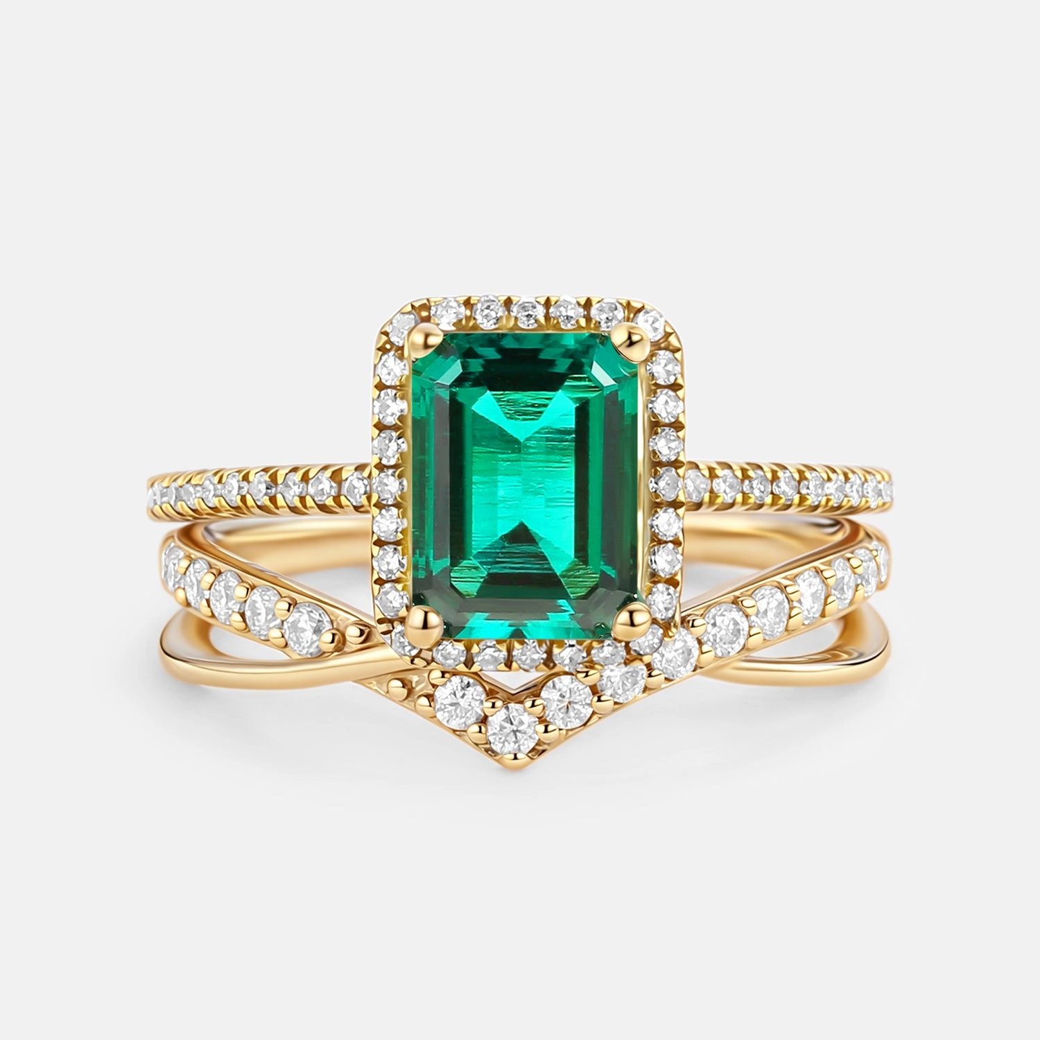 Tasteful Accent Emerald Cut Emerald & Moissanite Yellow Gold Ring Set