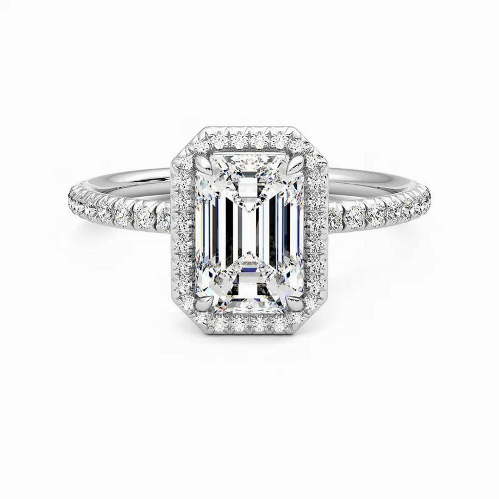 Alluring Touch Luxury Touch Design Classic Halo Emerald Cut Moissanite Engagement Ring with Hidden Anniversary Stone Accent