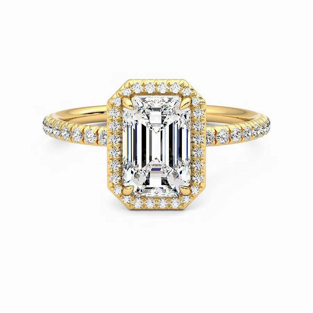 Classic Halo Emerald Cut Moissanite Engagement Ring with Hidden Anniversary Stone Accent Sophisticated Glam Soft Vibe