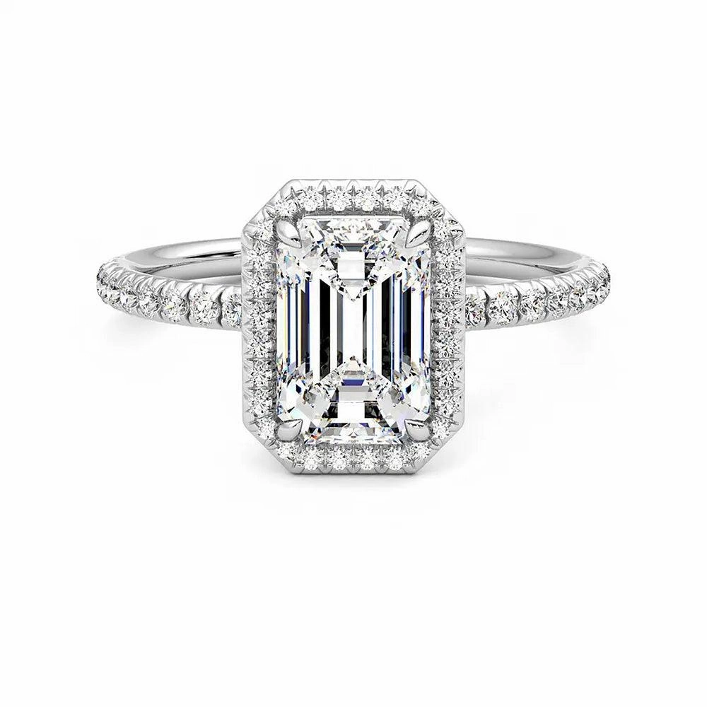 Sparkle Vibe Classic Halo Emerald Cut Moissanite Engagement Ring with Hidden Anniversary Stone Accent