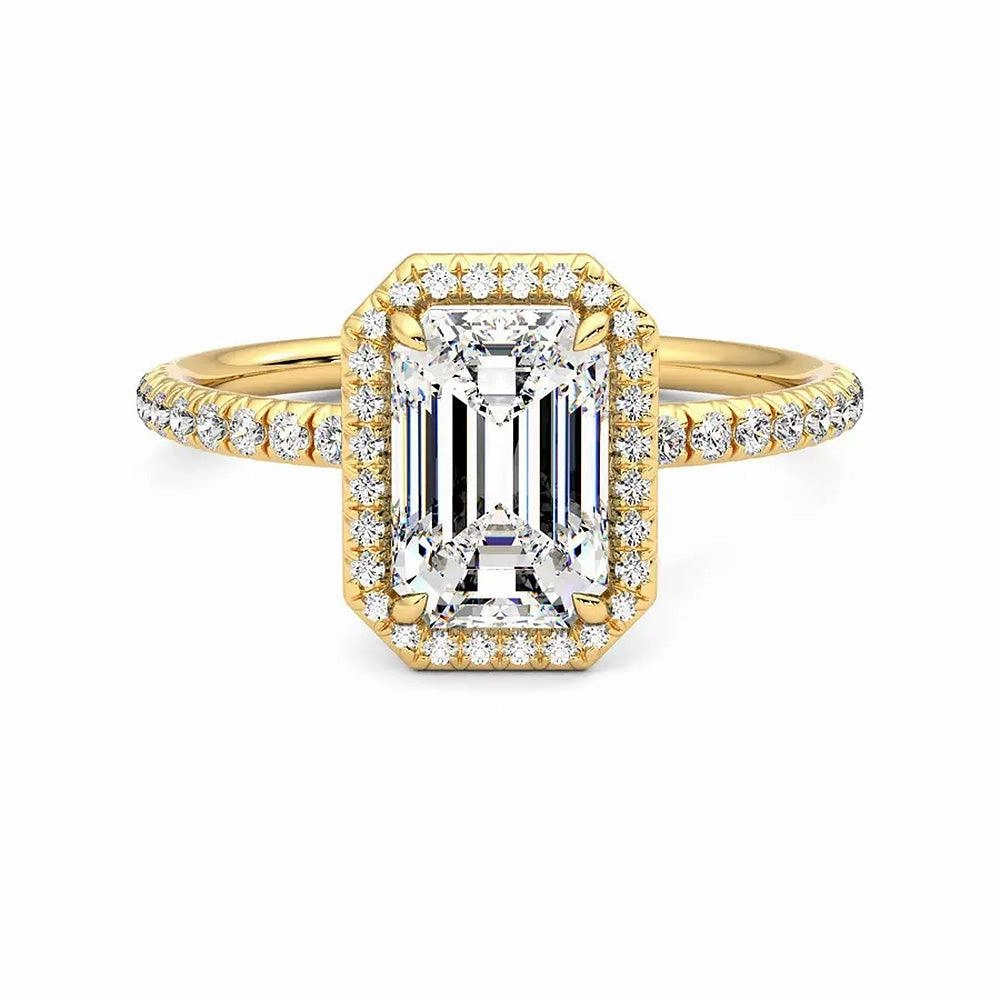Smart Casual Classic Halo Emerald Cut Moissanite Engagement Ring with Hidden Anniversary Stone Accent