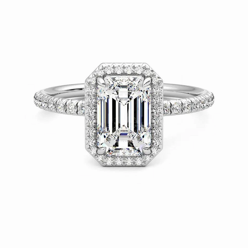 Classic Halo Emerald Cut Moissanite Engagement Ring with Hidden Anniversary Stone Accent Radiant Craft Chic Pop