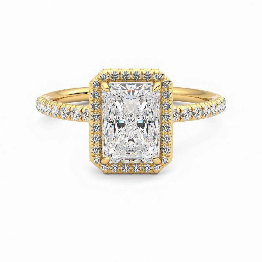 Classic Halo Radiant Cut Moissanite Engagement Ring with Hidden Anniversary Stone Accent Monochrome Look Delicate Mood