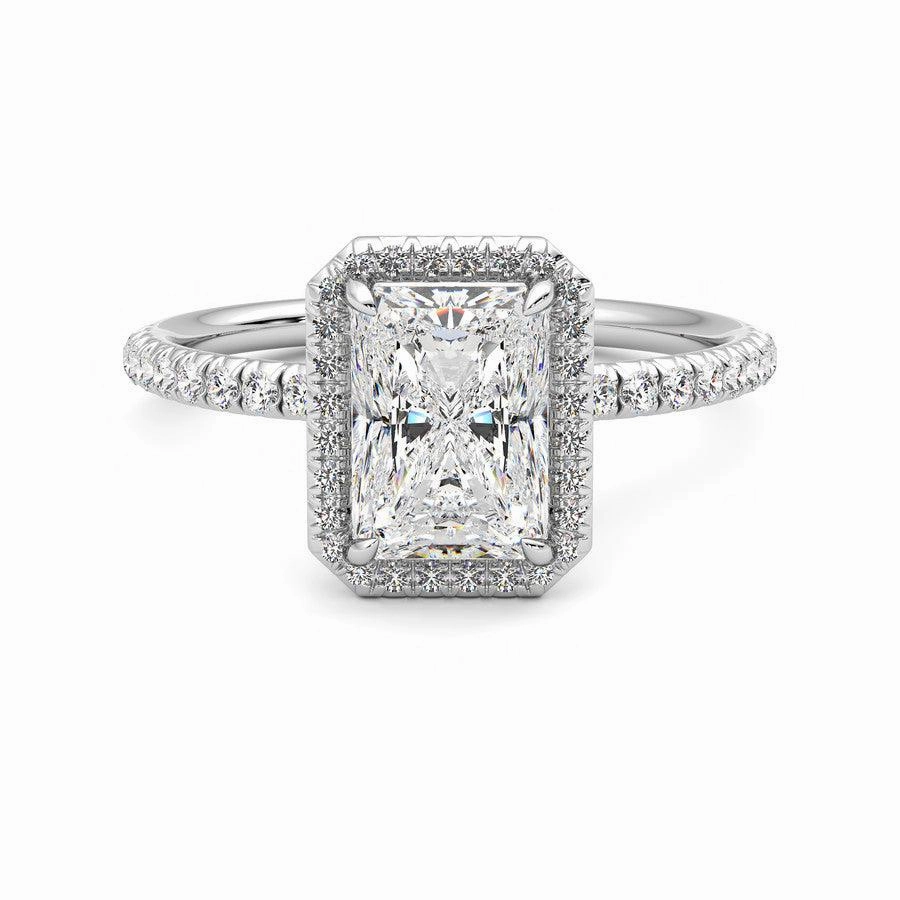Shiny Gems Polished Shine Classic Halo Radiant Cut Moissanite Engagement Ring with Hidden Anniversary Stone Accent