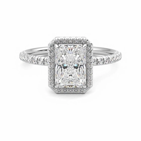 Classic Halo Radiant Cut Moissanite Engagement Ring with Hidden Anniversary Stone Accent Timeless Pair
