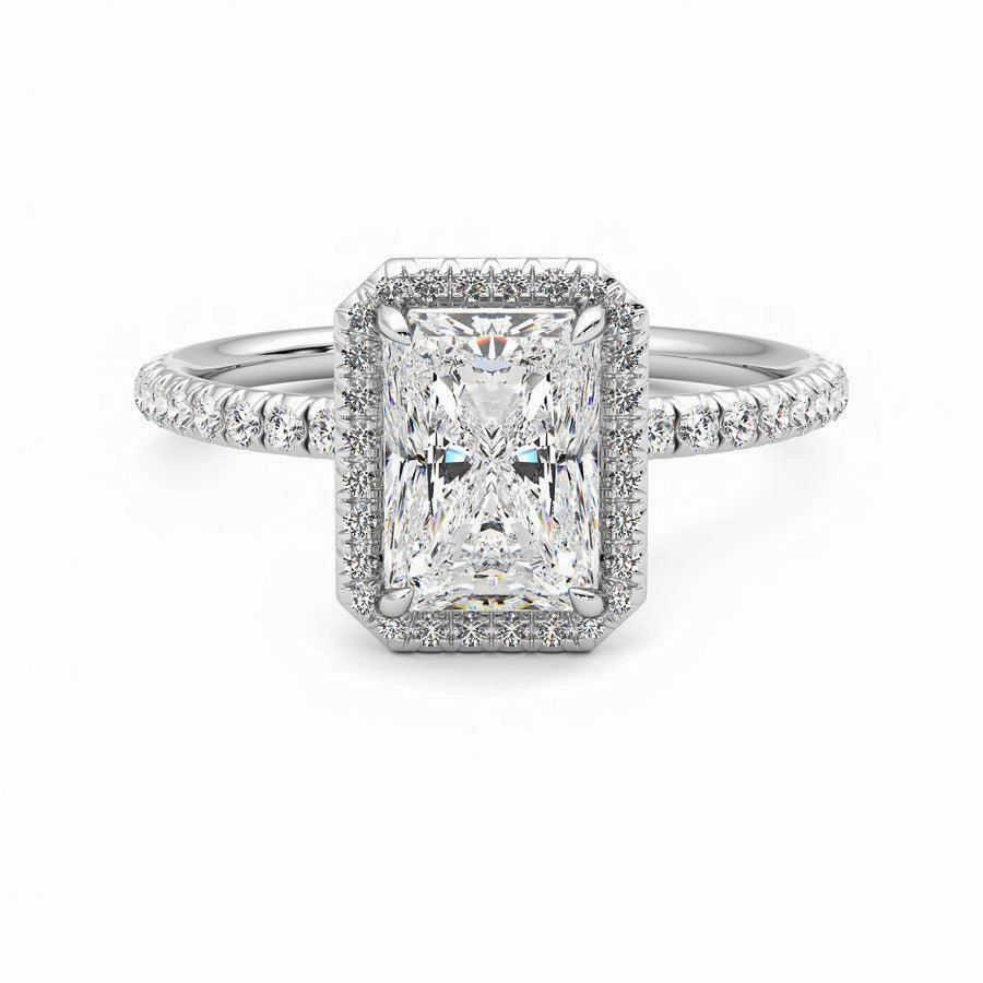 Classic Halo Radiant Cut Moissanite Engagement Ring with Hidden Anniversary Stone Accent Timeless Pair