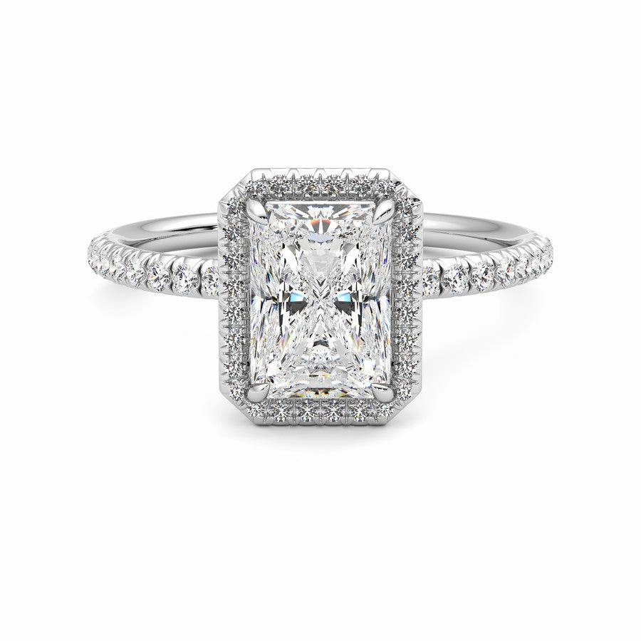 Statement Fit Luxury Design Classic Halo Radiant Cut Moissanite Engagement Ring with Hidden Anniversary Stone Accent