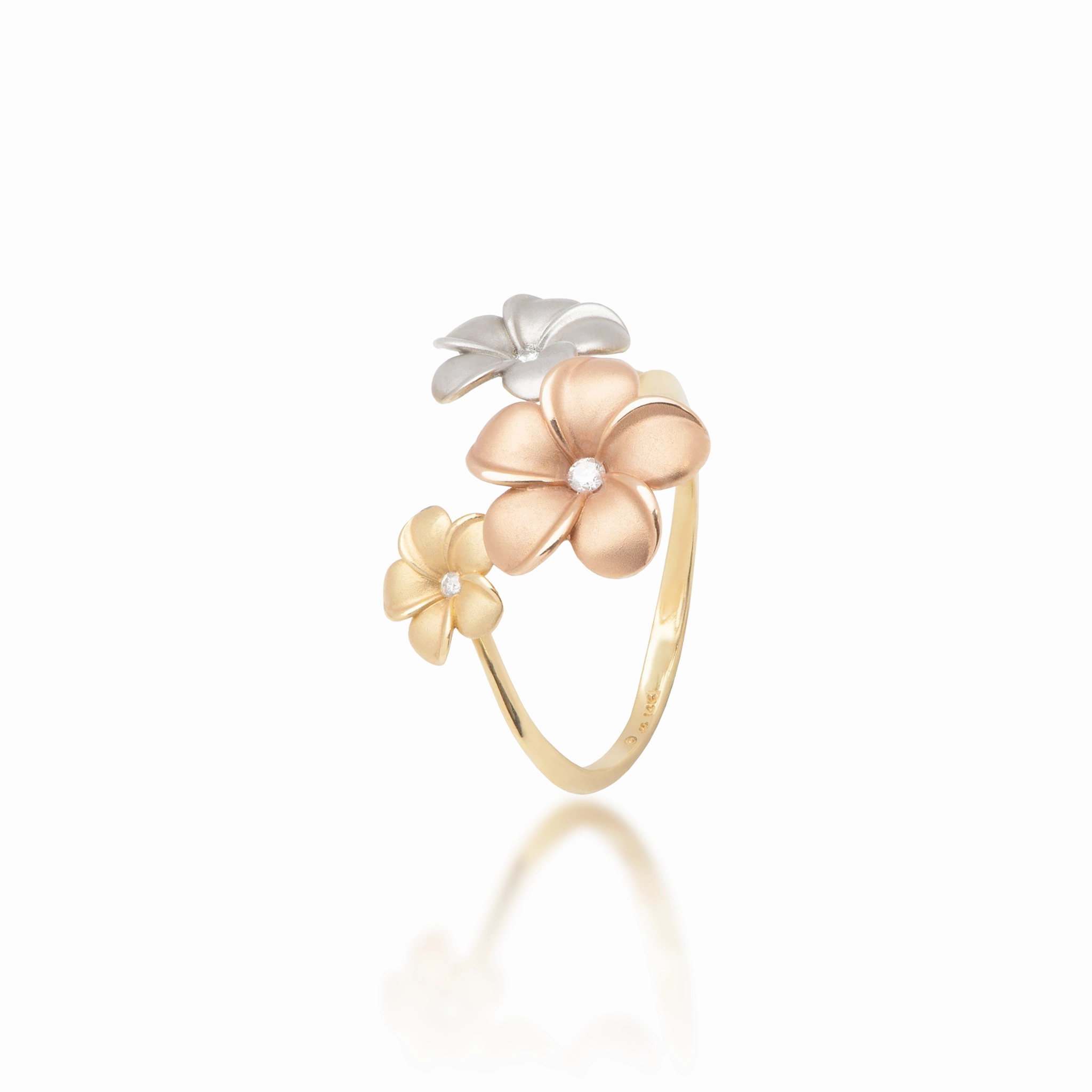 standalone piece Plumeria Ring in Tri Color Gold with Diamonds - 12mm