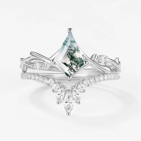 Kite Shape Branch Moss Agate Engagement Ring Sets 2pcs High Class Vibrant Glam