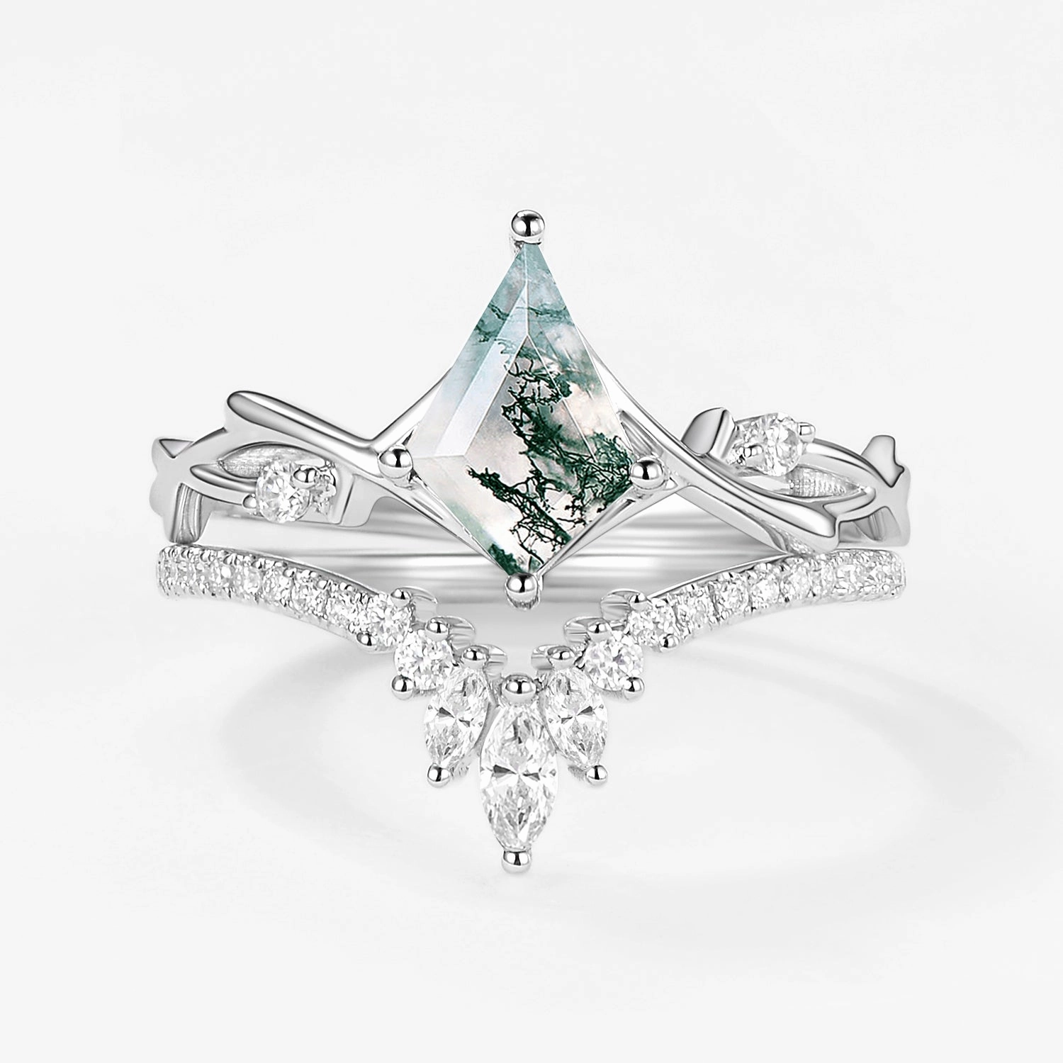 Weekend Light Kite Shape Branch Moss Agate Engagement Ring Sets 2pcs
