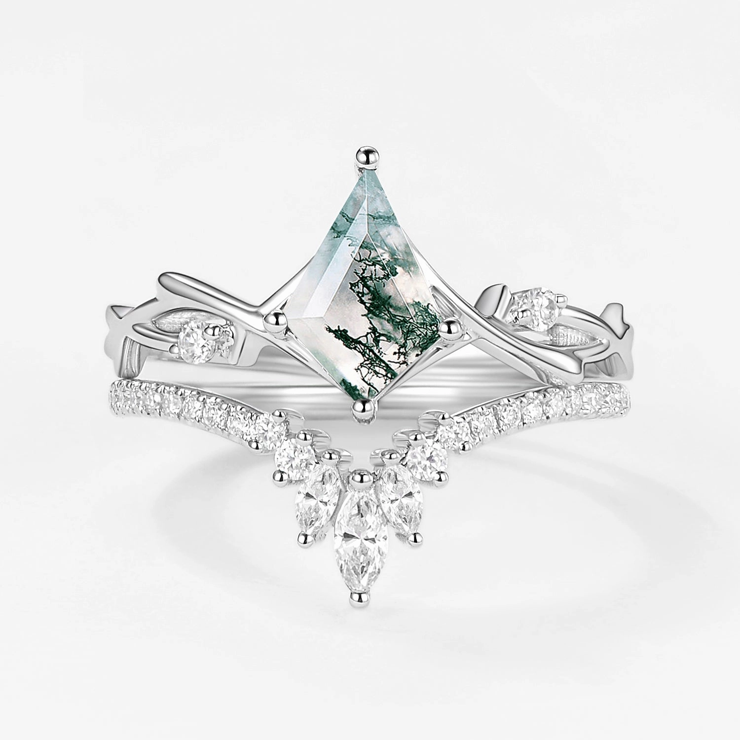 Kite Shape Branch Moss Agate Engagement Ring Sets 2pcs High Class Vibrant Glam