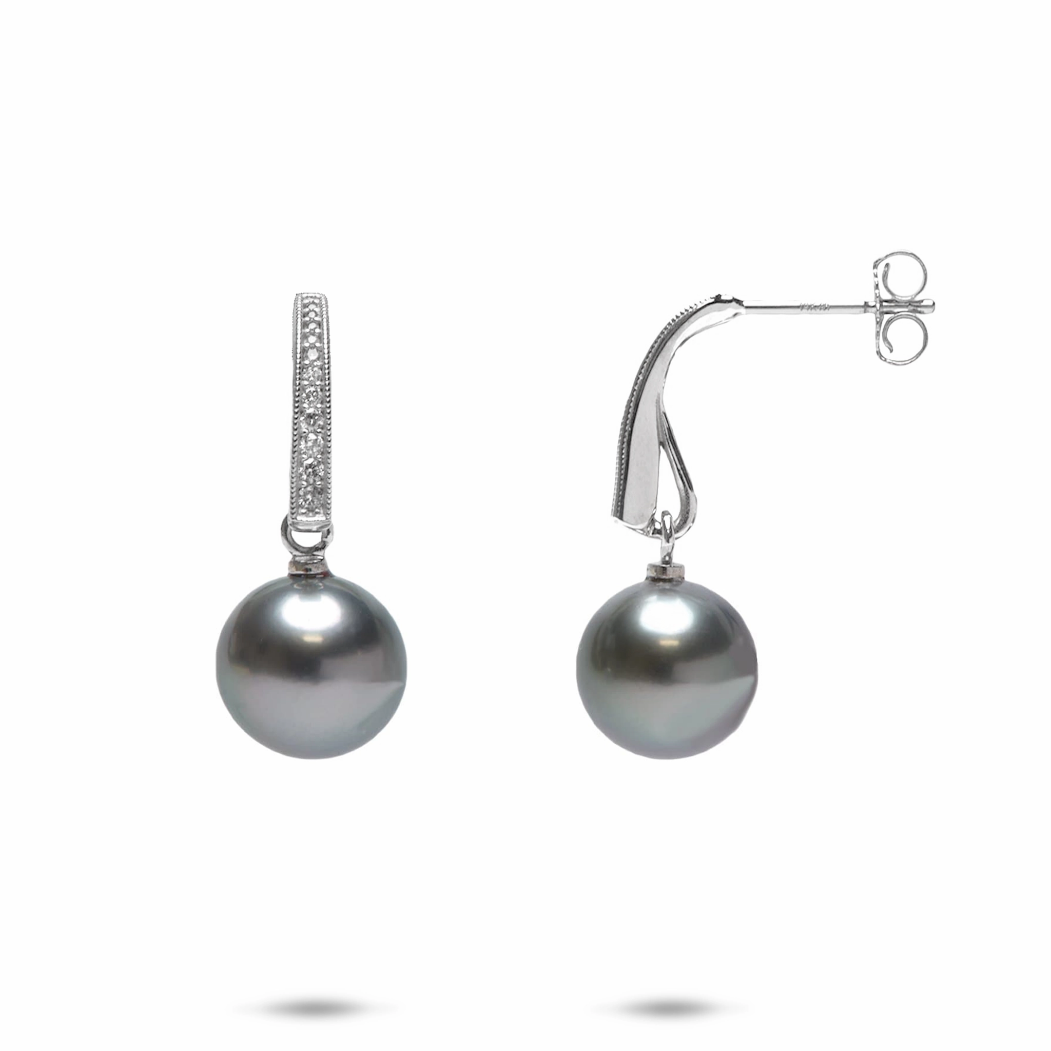 Sparkling Detail Pretty Creation Tahitian Black Pearl Earrings in White Gold with Diamonds - 9-10mm