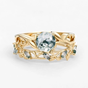 Party Ready Radiant Touch Pieces Moss Agate Round Shaped Leafy Marquise Engagement Ring Sets