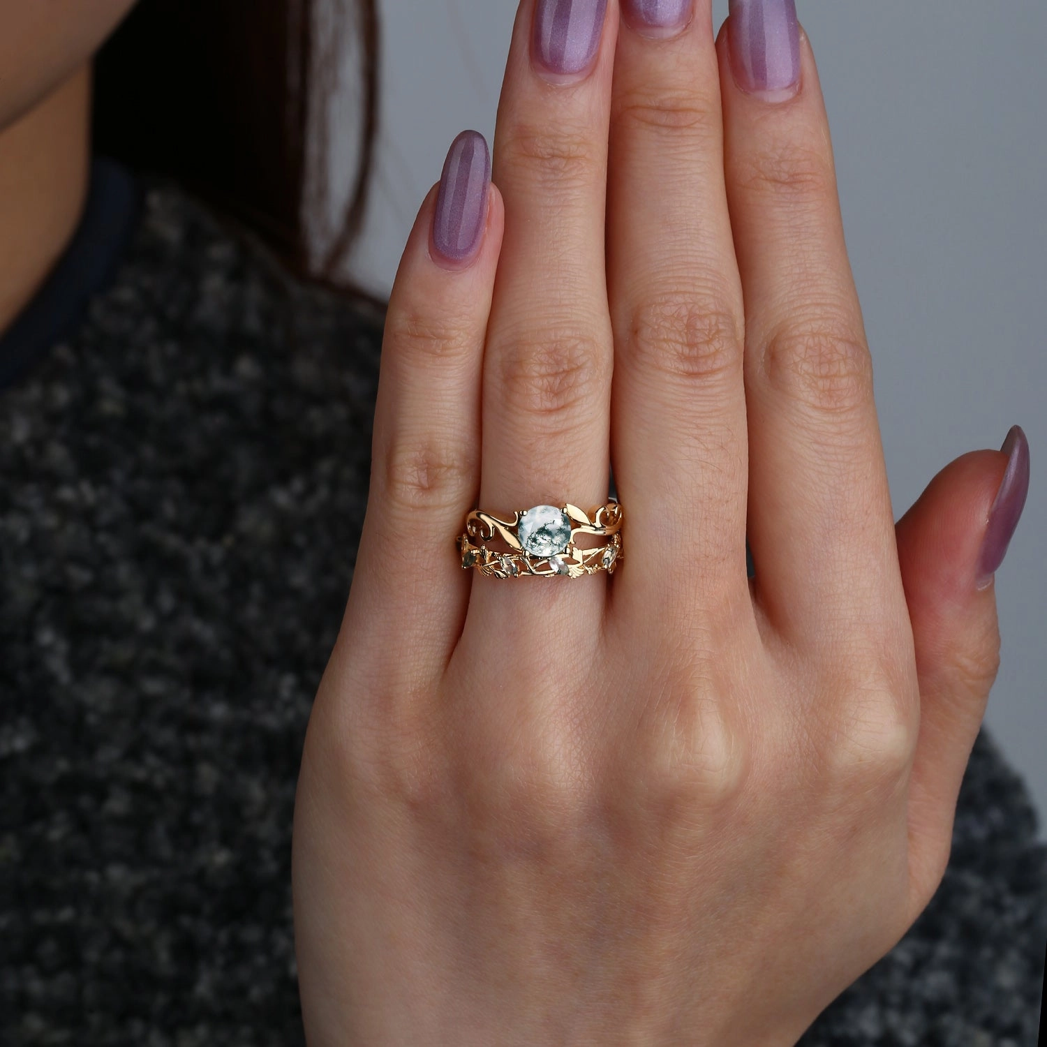 Moss Agate Round Shaped Leafy Marquise Engagement Ring Sets Fashion Detail Fashion Gift