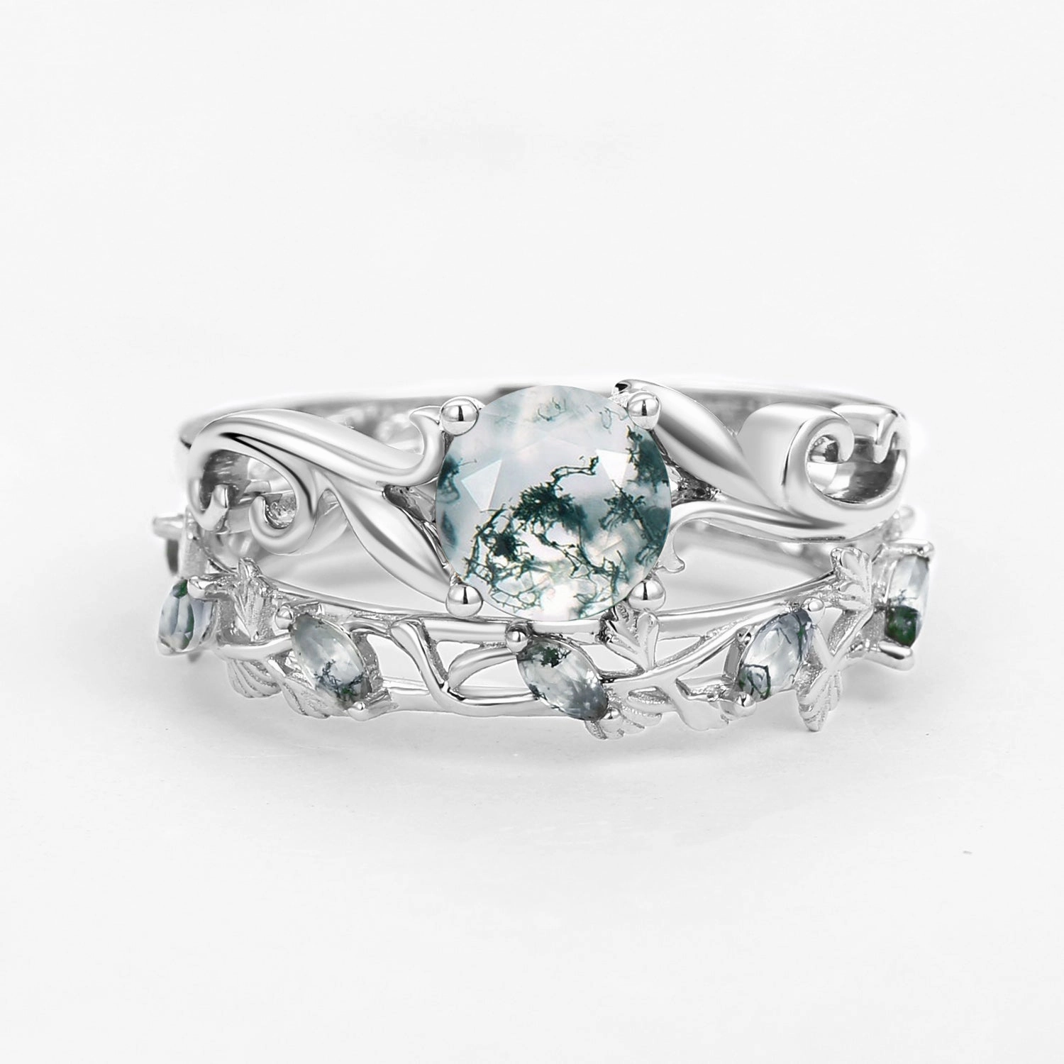 Moss Agate Round Shaped Leafy Marquise Engagement Ring Sets Iconic Touch Style Pop