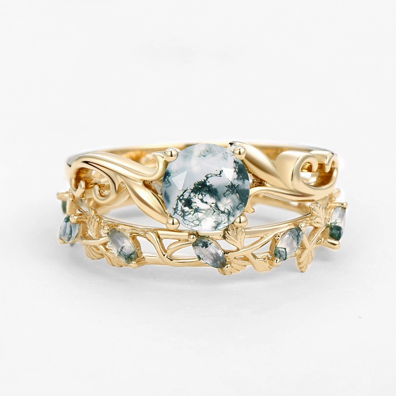 Party Ready Radiant Touch Pieces Moss Agate Round Shaped Leafy Marquise Engagement Ring Sets