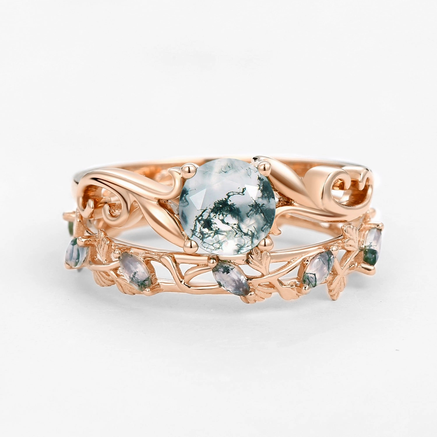 Moss Agate Round Shaped Leafy Marquise Engagement Ring Sets Street Accent Daytime Shine
