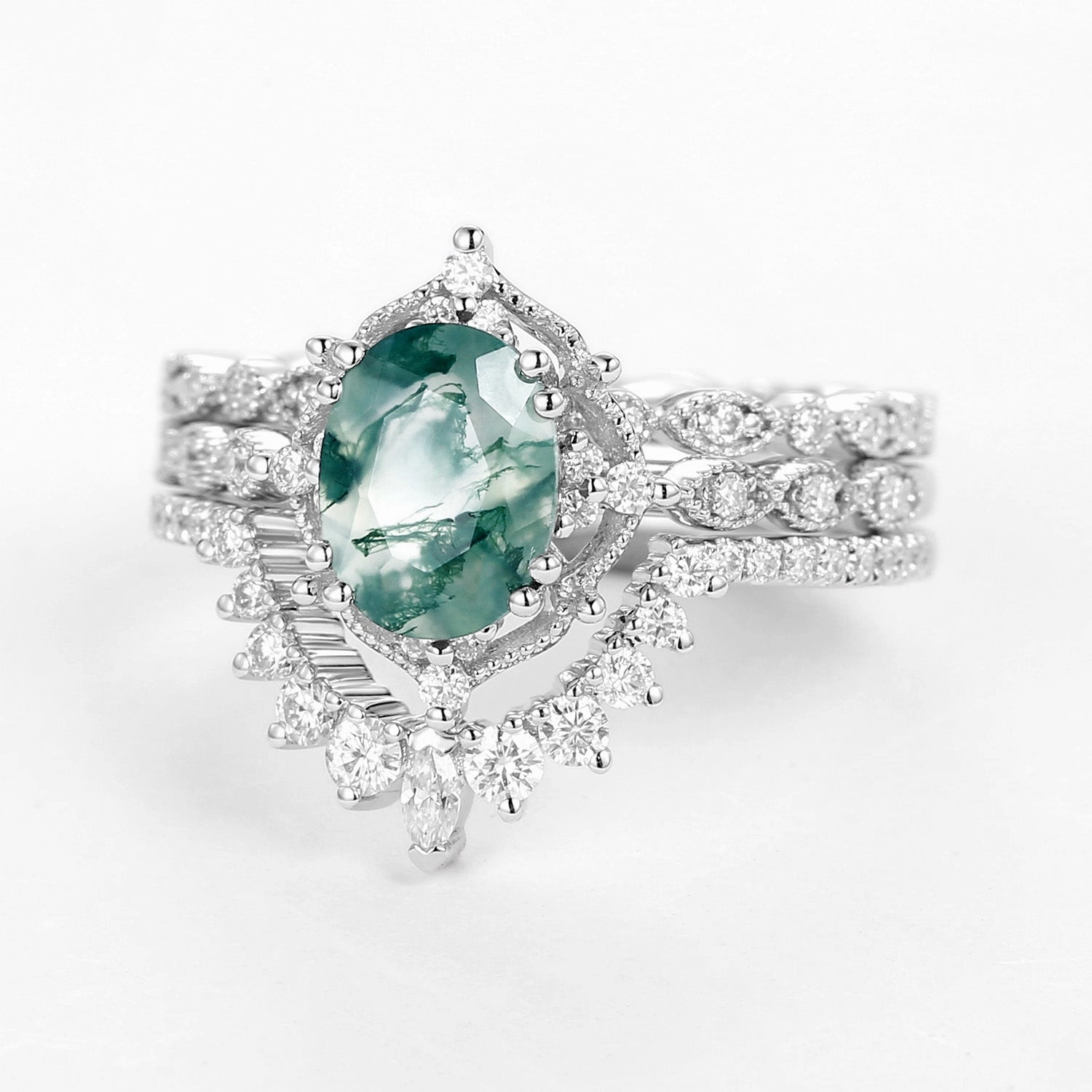 Pure Feature Alluring Design 1.5ct Moss Agate Signature Vintage White Gold Ring Set 3pcs