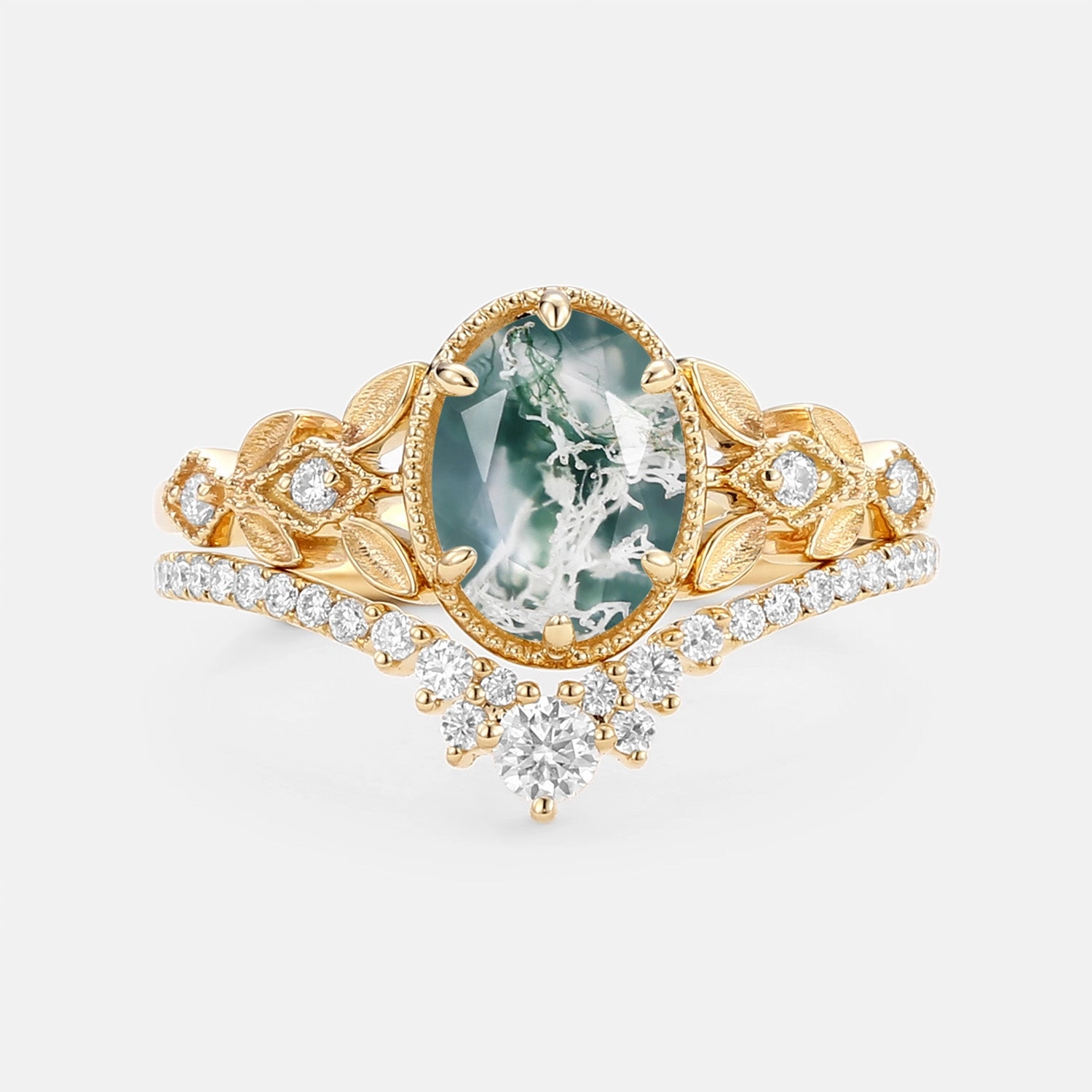 Vibrant Glam Oval Cut Moss Agate Leafy Gold Ring Set 2pcs - Selene
