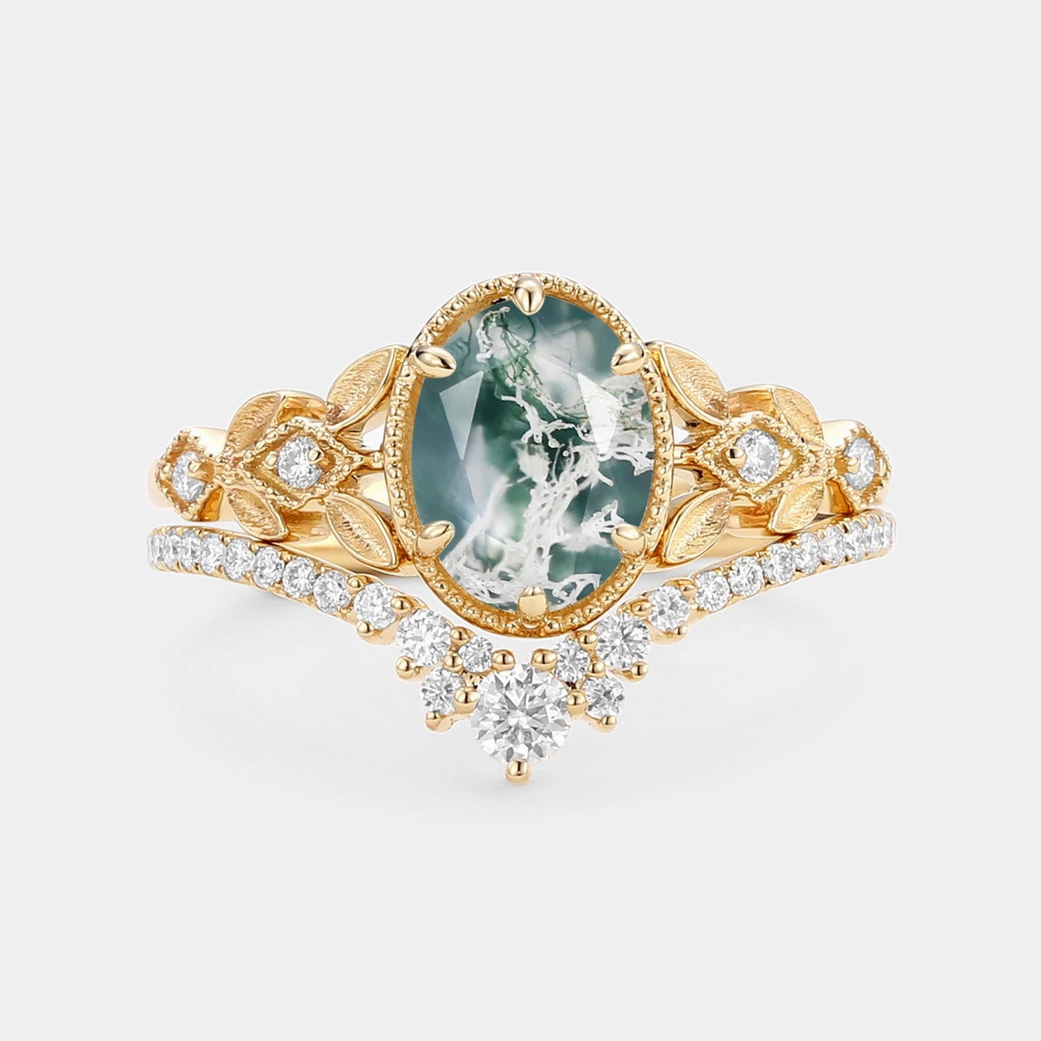 Oval Cut Moss Agate Leafy Gold Ring Set 2pcs - Selene Elite Highlight