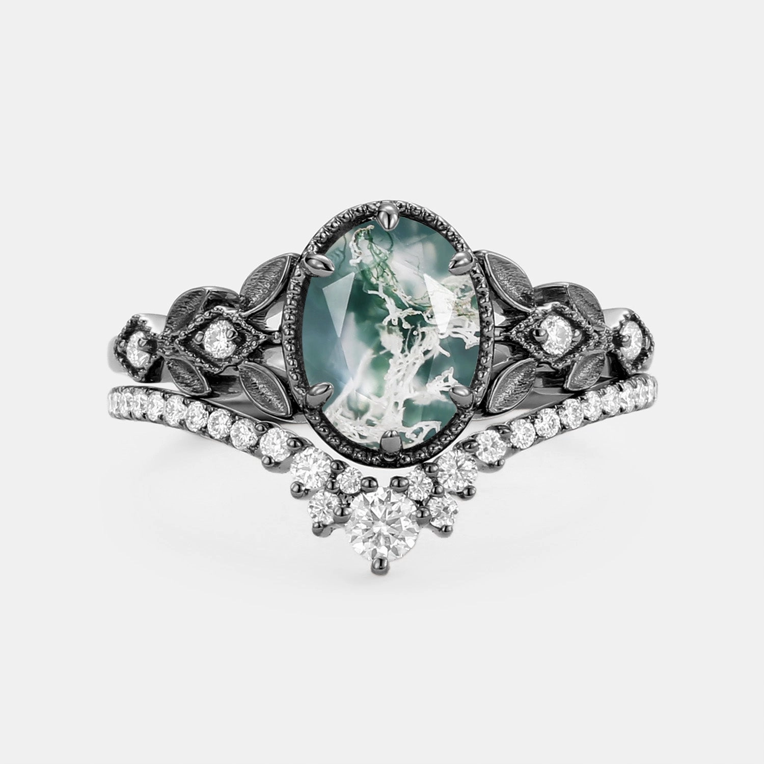 Stylish Look Ornate Design Oval Cut Moss Agate Leafy Gold Ring Set 2pcs - Selene