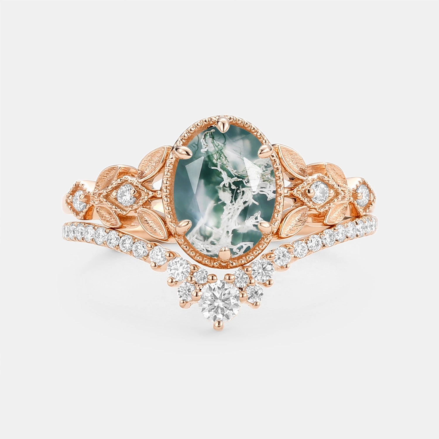 Clean Aesthetic Oval Cut Moss Agate Leafy Gold Ring Set 2pcs - Selene