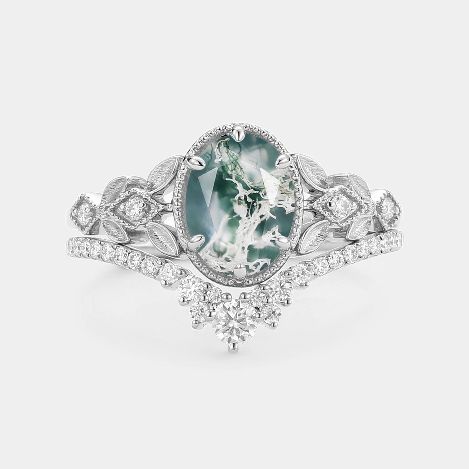 Soft Finish Oval Cut Moss Agate Leafy Gold Ring Set 2pcs - Selene