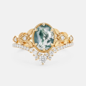 Oval Cut Moss Agate Leafy Gold Ring Set 2pcs - Selene Elite Highlight