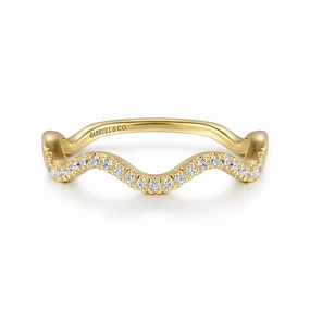 Waterproof Seal 14K Yellow Gold Diamond Wave Stackable Ladies Ring