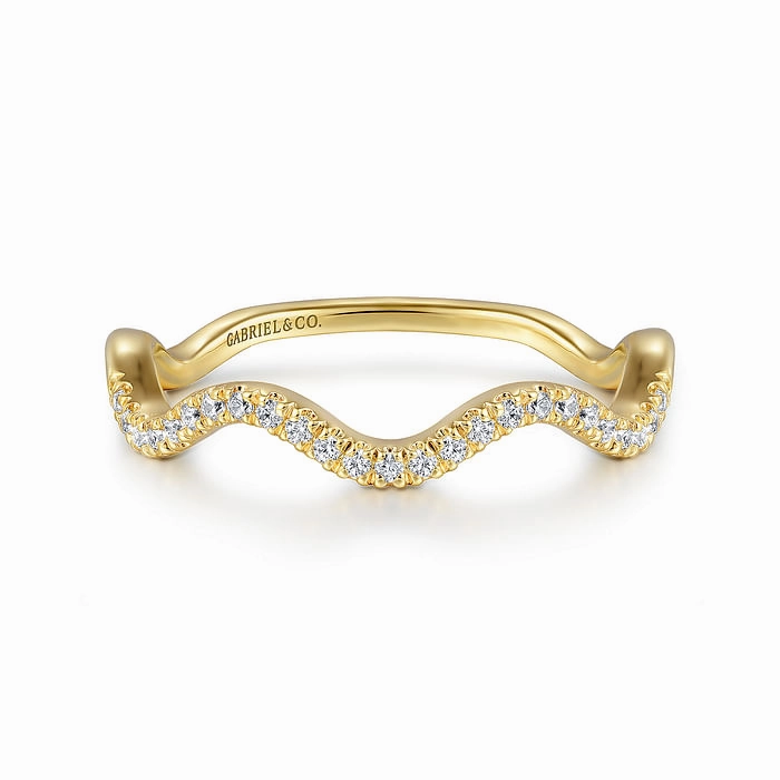Waterproof Seal 14K Yellow Gold Diamond Wave Stackable Ladies Ring