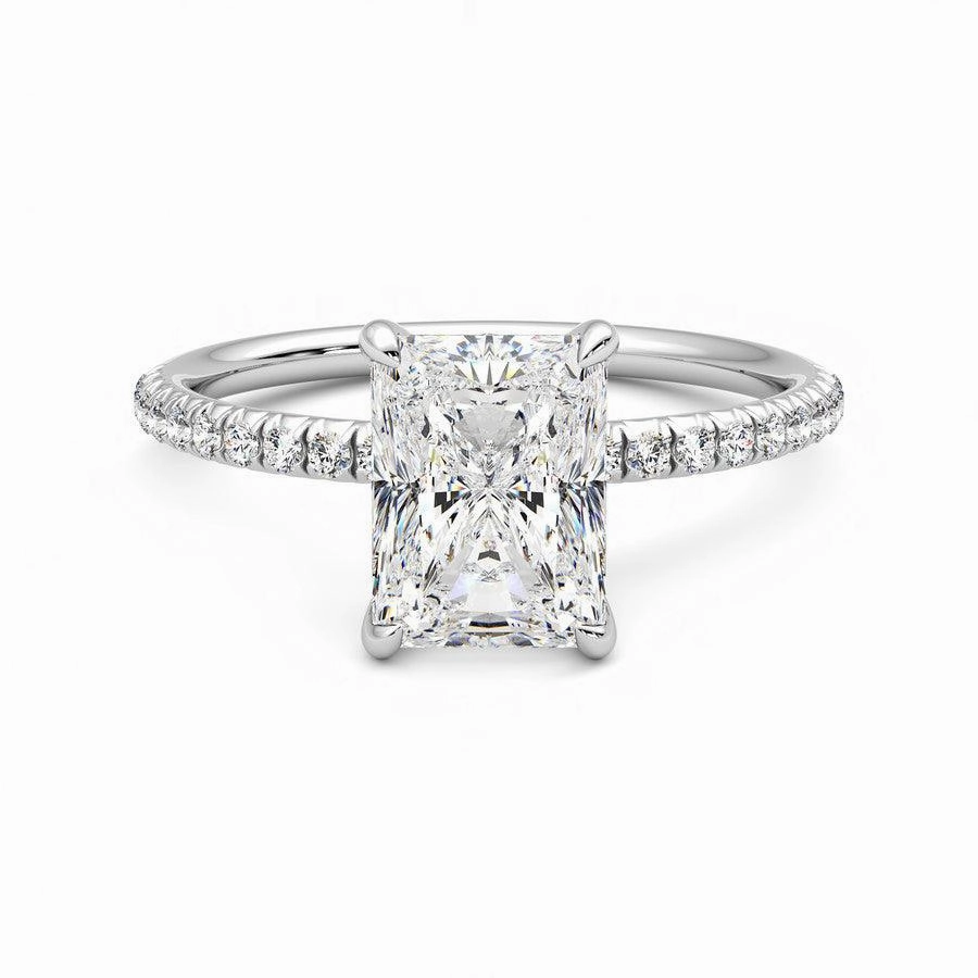 Four Prong Radiant Cut Moissanite Engagement Ring with Hidden Anniversary Stone Accent Smooth Texture Bright Look