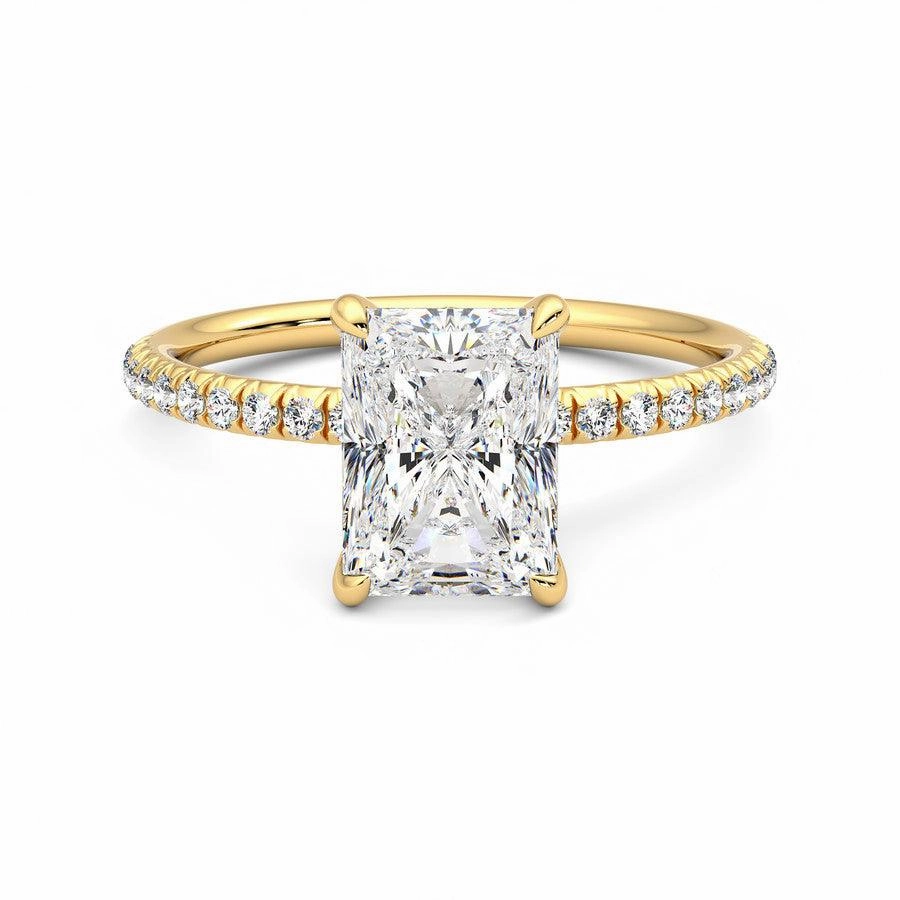 Finest Style Exquisite Edge Four Prong Radiant Cut Moissanite Engagement Ring with Hidden Anniversary Stone Accent