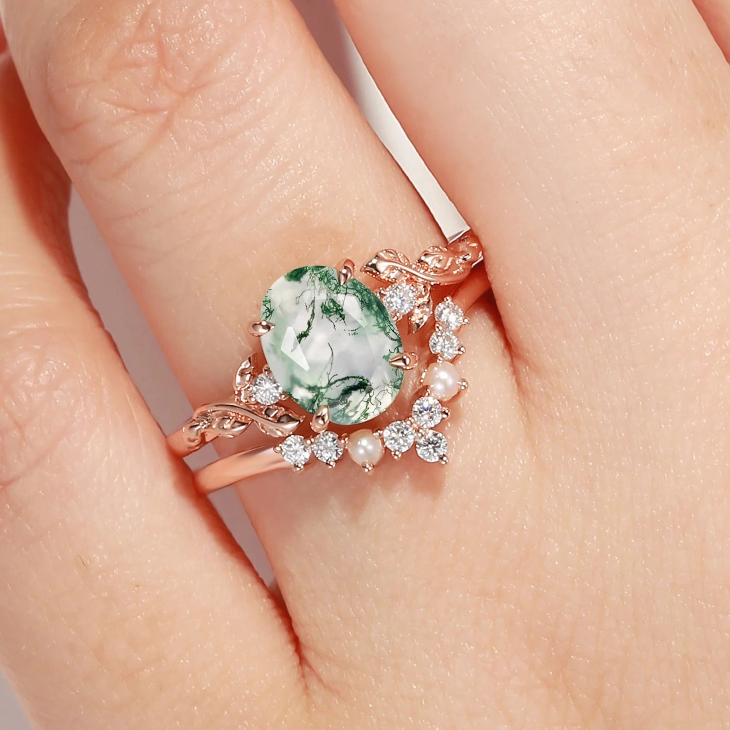 Oval Cut Moss Agate Leafy Gold Ring Set 2pcs - Clover Instant Match