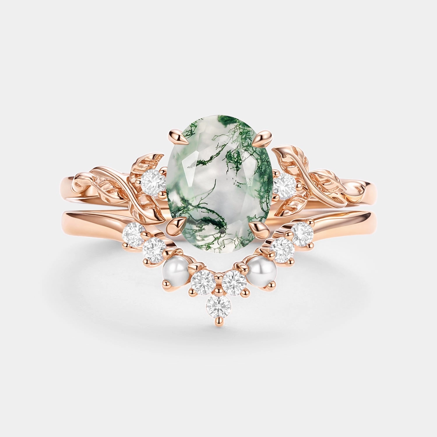 True Touch Oval Cut Moss Agate Leafy Gold Ring Set 2pcs - Clover